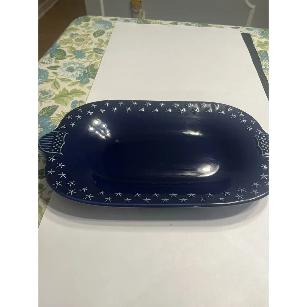 Longaberger Pottery Proudly American Cobalt Blue Stars Platter / Serving Tray